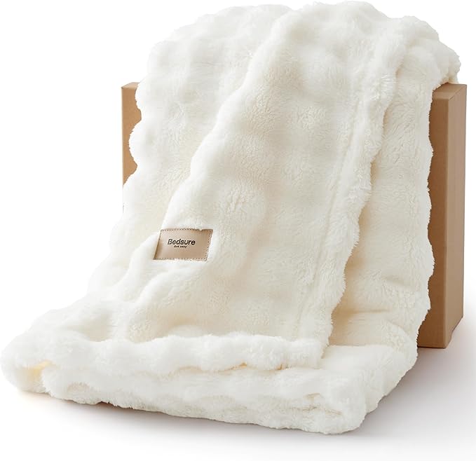 Bedsure 3D Fleece Bubble Blanket for Couch - GentleSoft White Throw Blanket for Sofa Bed Room Decor - Luxury Soft Cozy Gif...