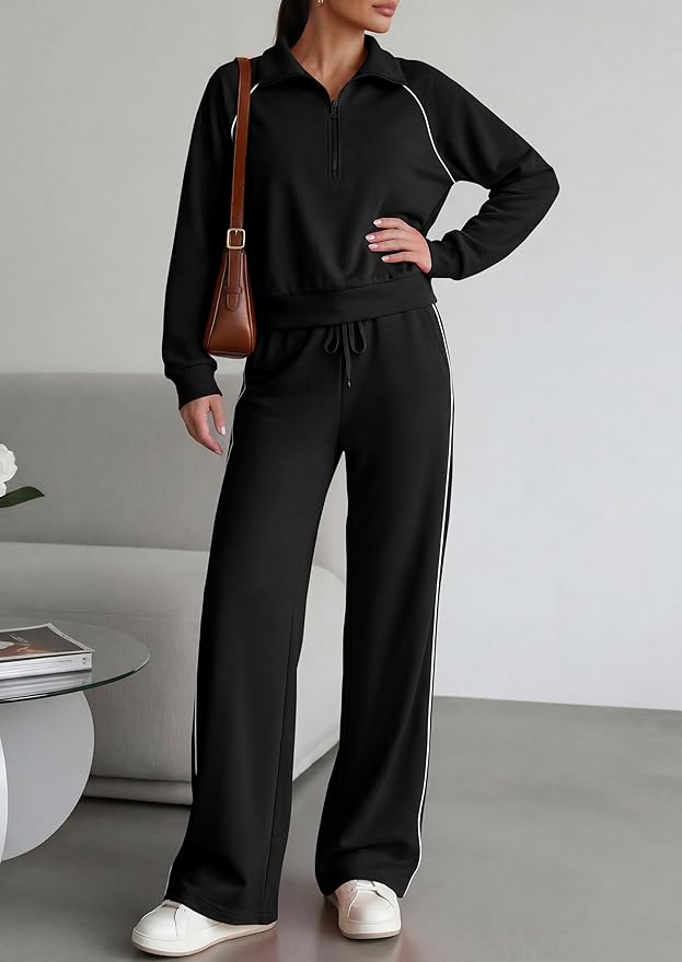 PRETTYGARDEN Women's 2 Piece Outfits Casual Lapel Half Zip Sweatshirts and Wide Leg Pants Tracksuit Sets