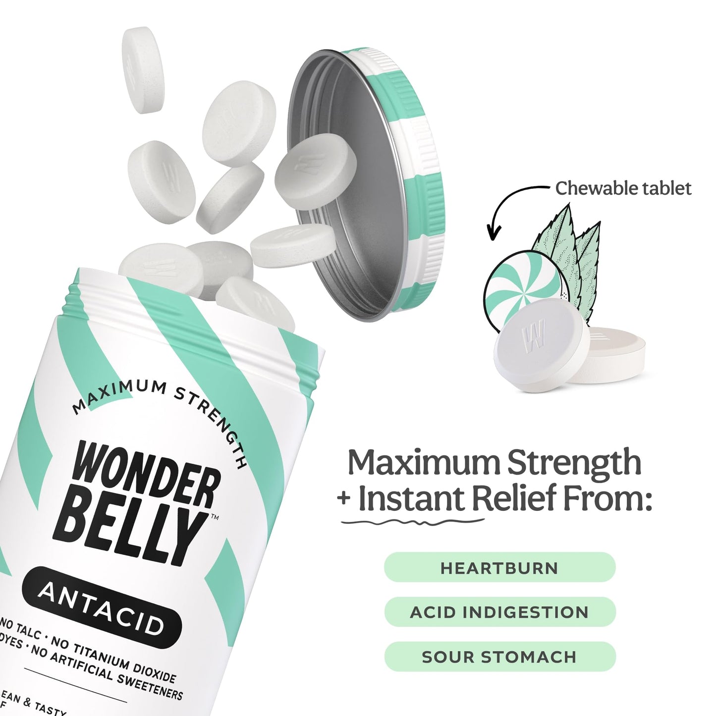 Wonderbelly Antacid, Effective Heartburn and Instant Acid Indigestion Relief, Extra Strength Chewable Tablets, 1000 mg Calcium Carbonate, No Talc or Dye, Sweet Mint, 120 Count