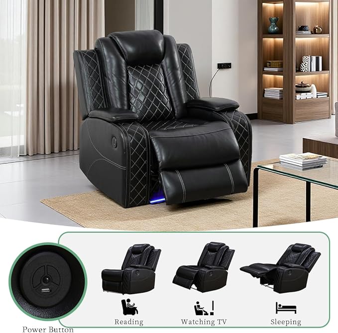 Dekmxas Living Room Furniture Sets, Black Air Leather Power Recliner Sofa Set with USB Port, Breathing Leather Power Reclining Sofa Set with Storage Console/LED Light for Living Room, Home Theater