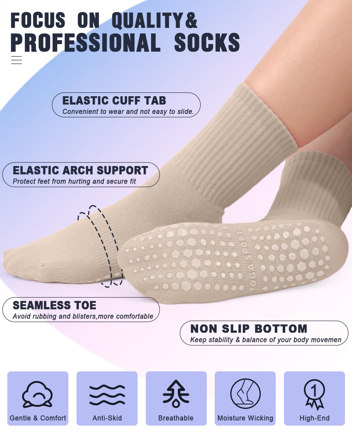 yeuG Non Slip Pilates Socks with Grips for Women, Grip Socks for Yoga Ballet Barefoot Workout Anti Skid Athletic Socks