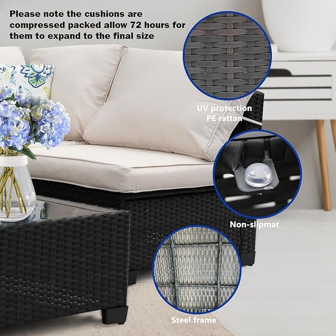 3D MATRIX 8 Pieces Patio Furniture Set with 28" Fire Pit Table, Wicker Outdoor Sectional Couch, Rattan Conversation Set for Backyard, Deck, Garden Lawn, Brown/Beige
