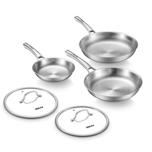 VEDNHOL Titanium Pans set, 8+10+12Inch Pure Titanium Hammered Pro with Two Lids, Non-Toxic Skillet for Cooking, PFAS/PFOA/PTFE Free Cookware, Dishwasher&Oven Safe, Kitchen Induction Compatible