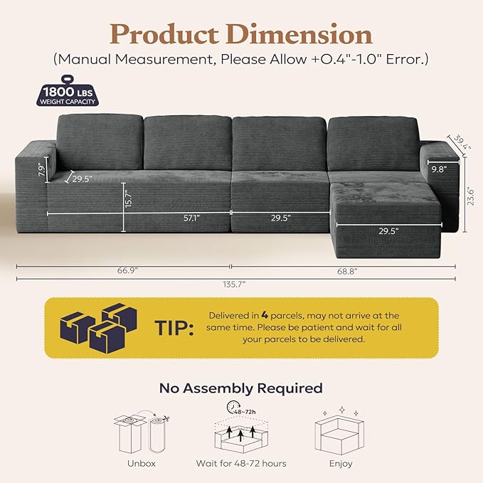 Furnify 136" Cloud Sectional Couch, Left/Right Facing Convertible Sofa with Deep Seat, L-Shape Modular Upholstered Foam Couch for Living Room Bedroom, No Assembly Required (Corduroy Fabric, Grey)