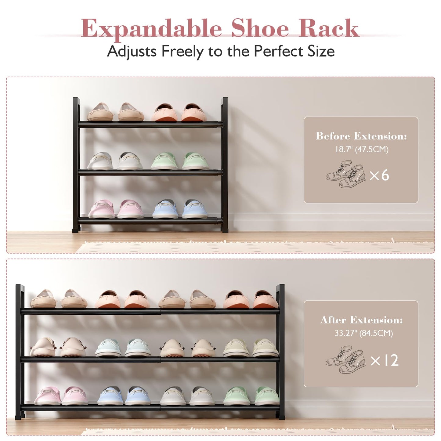 Bumusty 3-Tier Expandable Shoe Rack for Closet, 18“-33” Adjustable Shoe Rack for Small Space, Small Shoe Organizer for Front Door, Sturdy Metal, Black