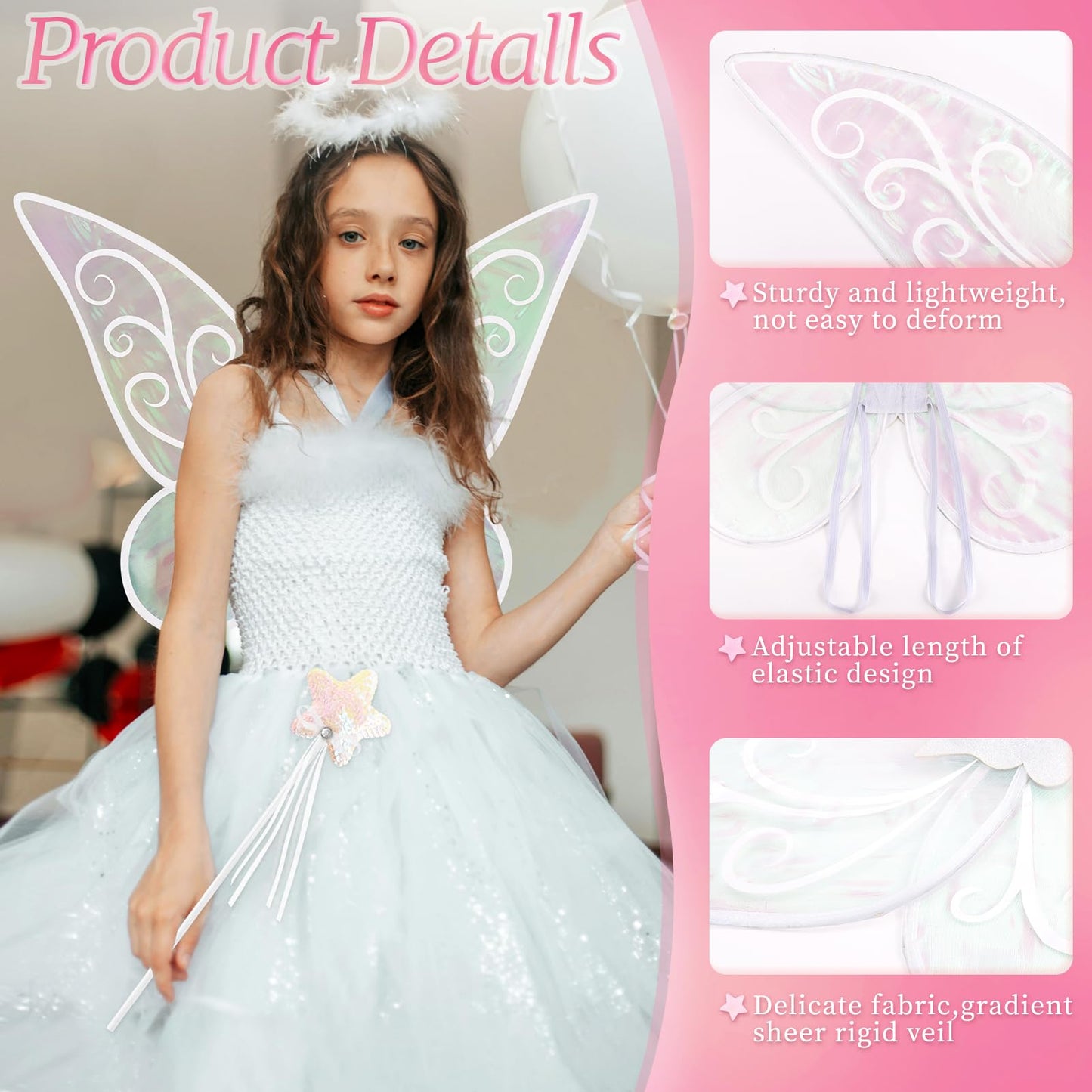 Light up Fairy Wings for Adults, LED Butterfly Wings for Girls, Sparkle Halloween Fairy Costume Angel Wing with Fairy Wand Dress up Cosplay White