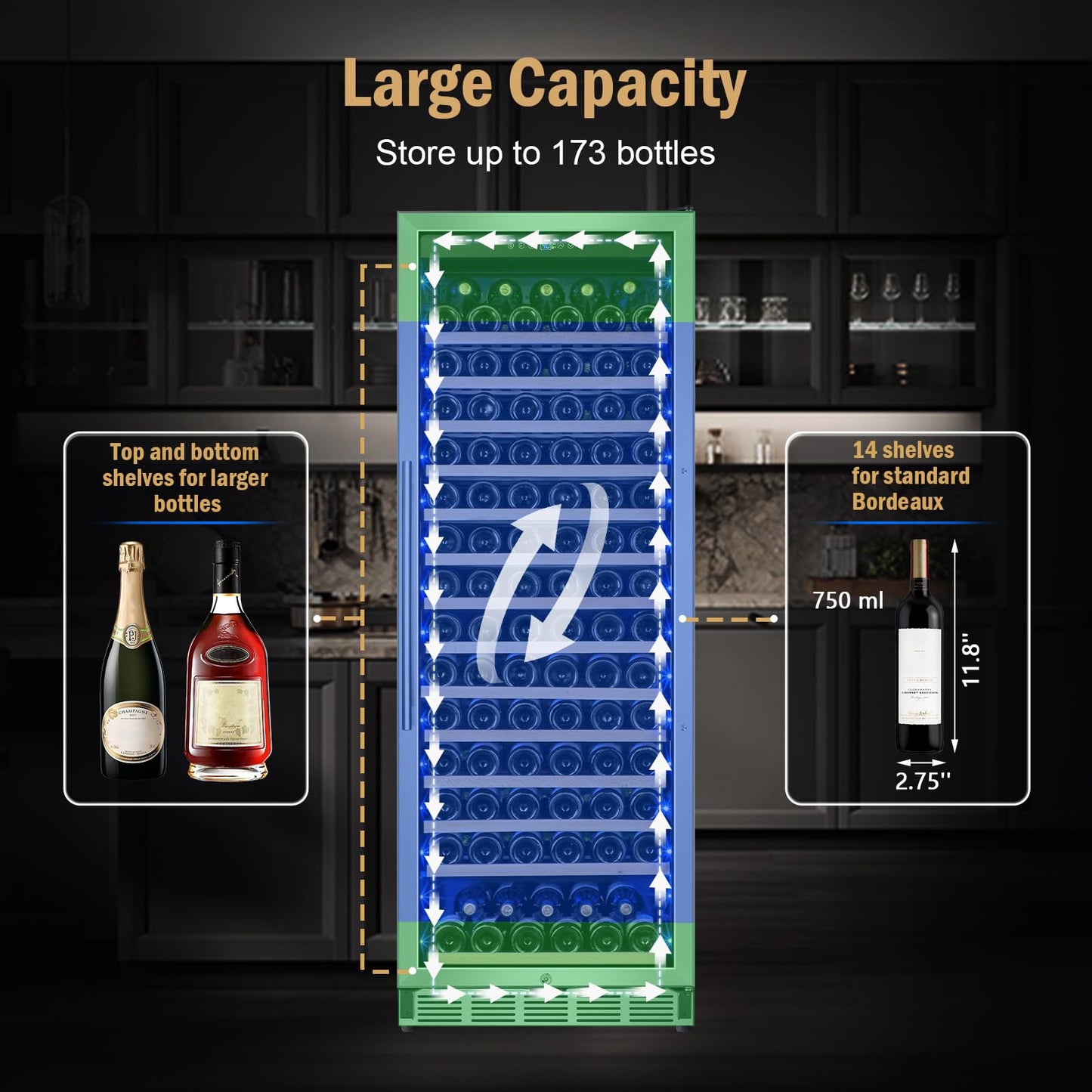 FoMup Wine Fridge Freestanding,173 Bottles 24 Inch Wine Cooler Refrigerator, Tall Wine Fridge with Compressor Low Noise Fast Cooling, Wine Cellar with Upgraded Door Handle Sliding Rail Shelves
