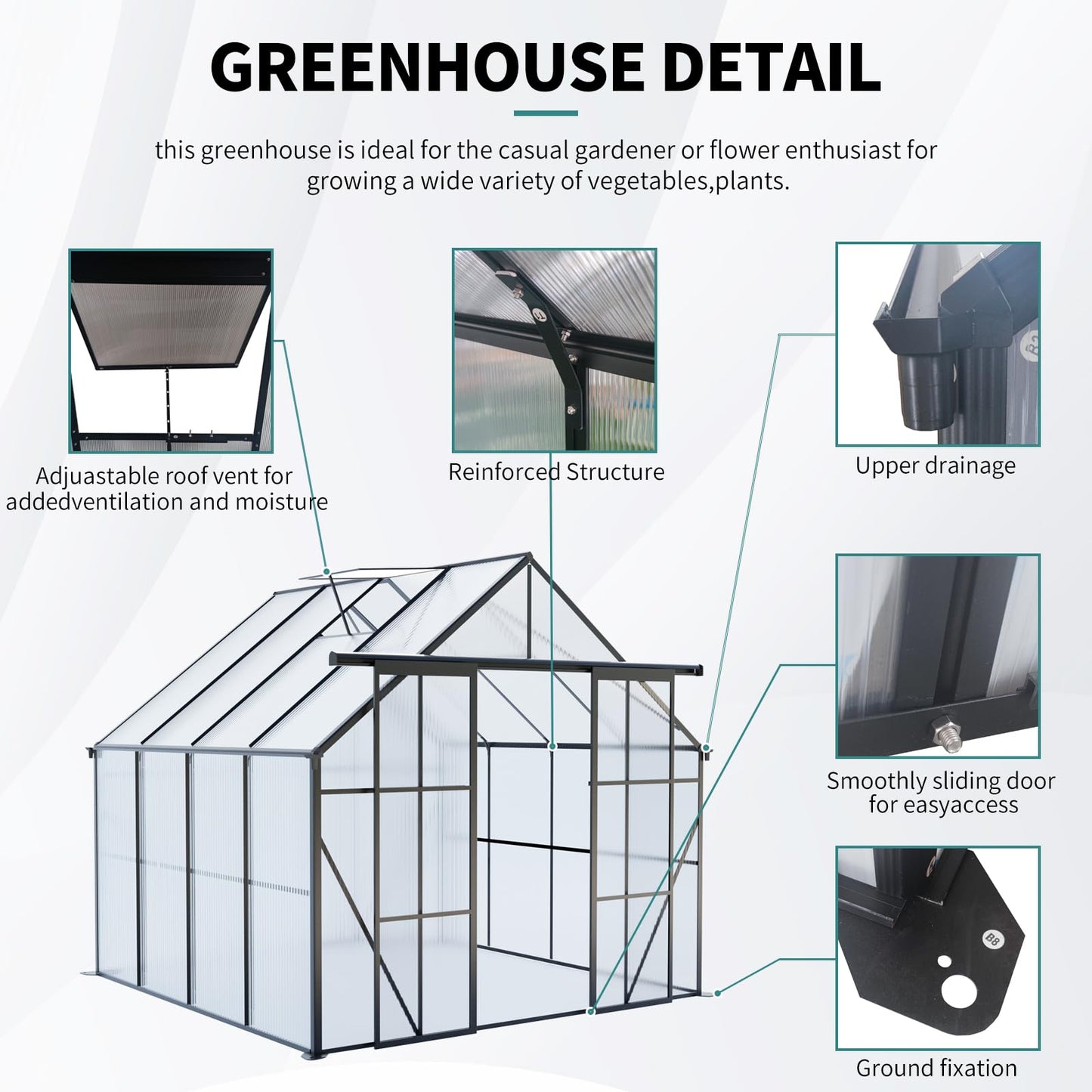 8x8 FT Black Outdoor Walk-in Polycarbonate Greenhouse Dual Sliding Doors Adjustable Roof Vent Aluminum Frame Galvanized Base Heavy Duty Backyard Gardening Plant House UV Resistant Greenhouse Kit