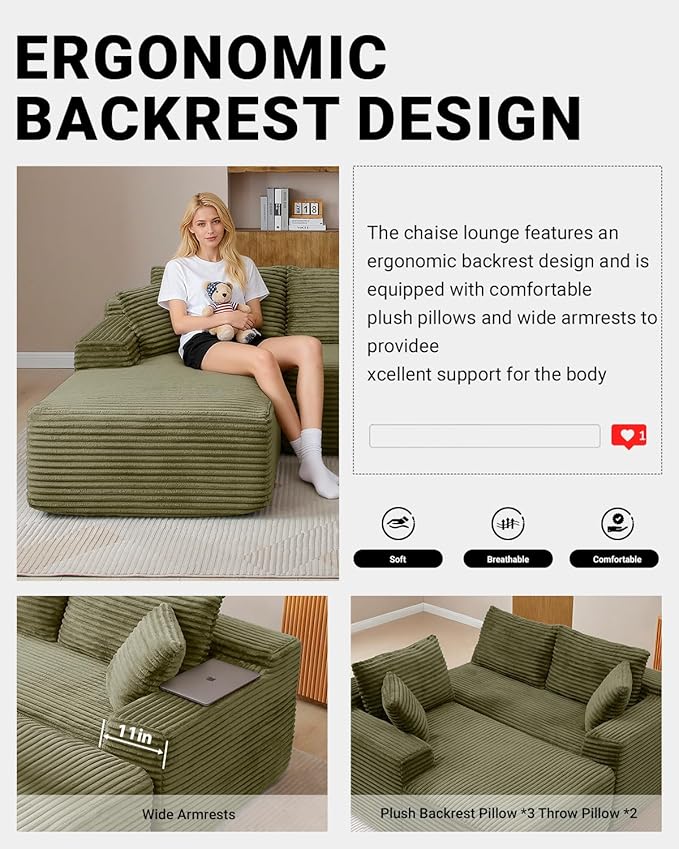 108" Cloud Sectional Couch,Modern Modular Sectional Sofa with Deep Seat,Corduroy Boneless Couches with L-Shape Chaise for Living Room,No Assembly Required (Green, Left Facing Chaise)