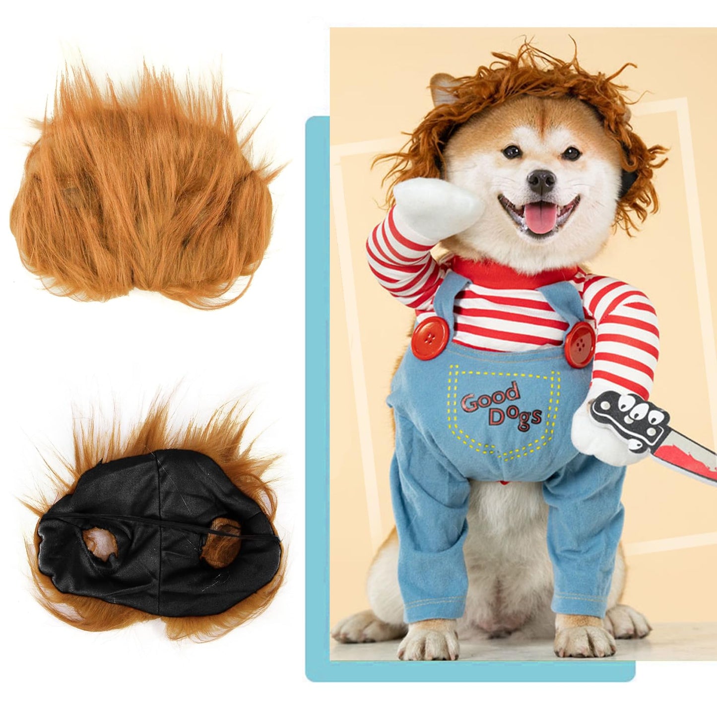 Dog Halloween Costume,Funny Chucky Dog Costume with Pet Wig,Cosplay Scary Outfit with Knife Clothes for Dogs (Small)