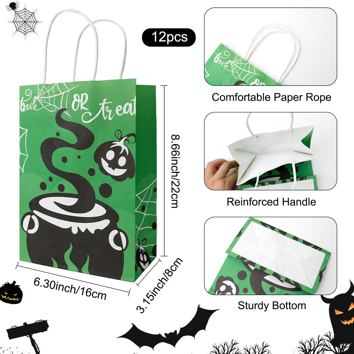 12 PCS Halloween Bags with Handles, 6 Styles Halloween Paper Bags for Gift Candy Goodie Snacks Treat Cookie Wrap Party Favors Supplies Decorations Trick or Treat Horror theme Birthday Baggies Pouch