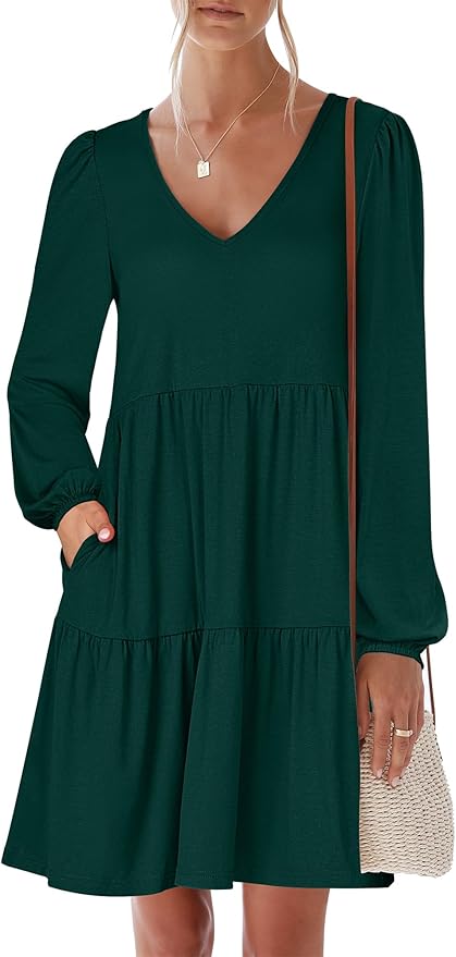 ANRABESS Womens Long Sleeve Dress 2026 Fall Casual V Neck Tiered Flowy Short Dresses Spring Beach Travel Vacation Clothes
