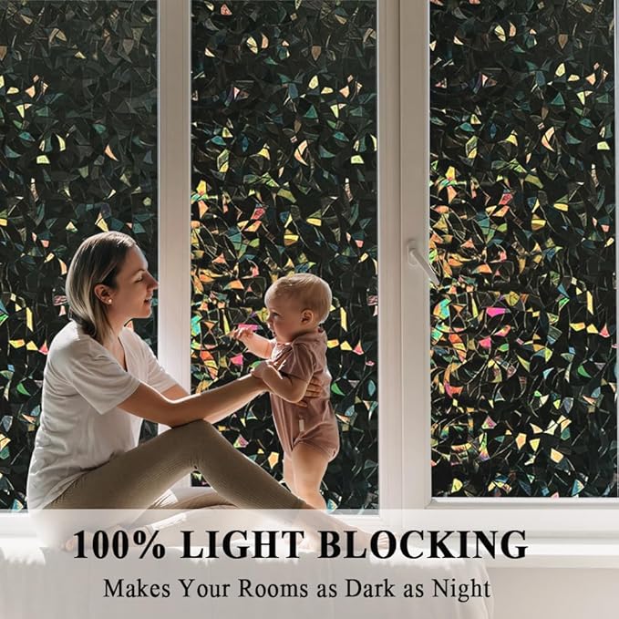 100% Light Blocking Privacy Window Film Blackout 3D Prism Sliding Glass Door Tint Room Darkening Rainbow Static Cling Heat Control Anti UV Removable Cover Decal Contact Paper Home Office,35x157in.