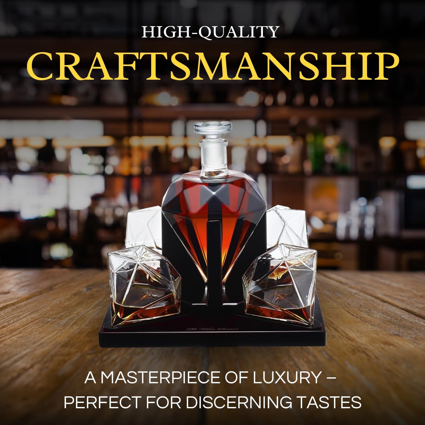 The Wine Savant Diamond Whiskey Decanter Set with 4 Glasses and Mahogany Base Borosilicate Glass Dispenser - 750ml Clear