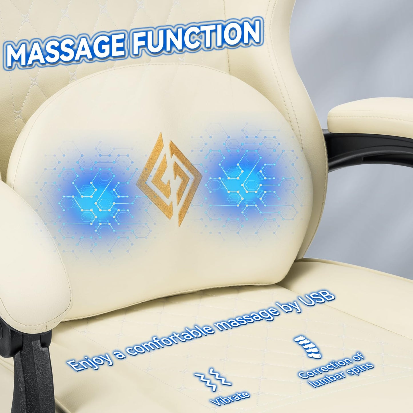 HOFFREE Gaming Chair with Speakers Massage Computer Gaming Chair with Pocket Spring Cushion for Adults Reclining Gamer Chair with Bluetooth Video Game Chairs with Footrest Ivory