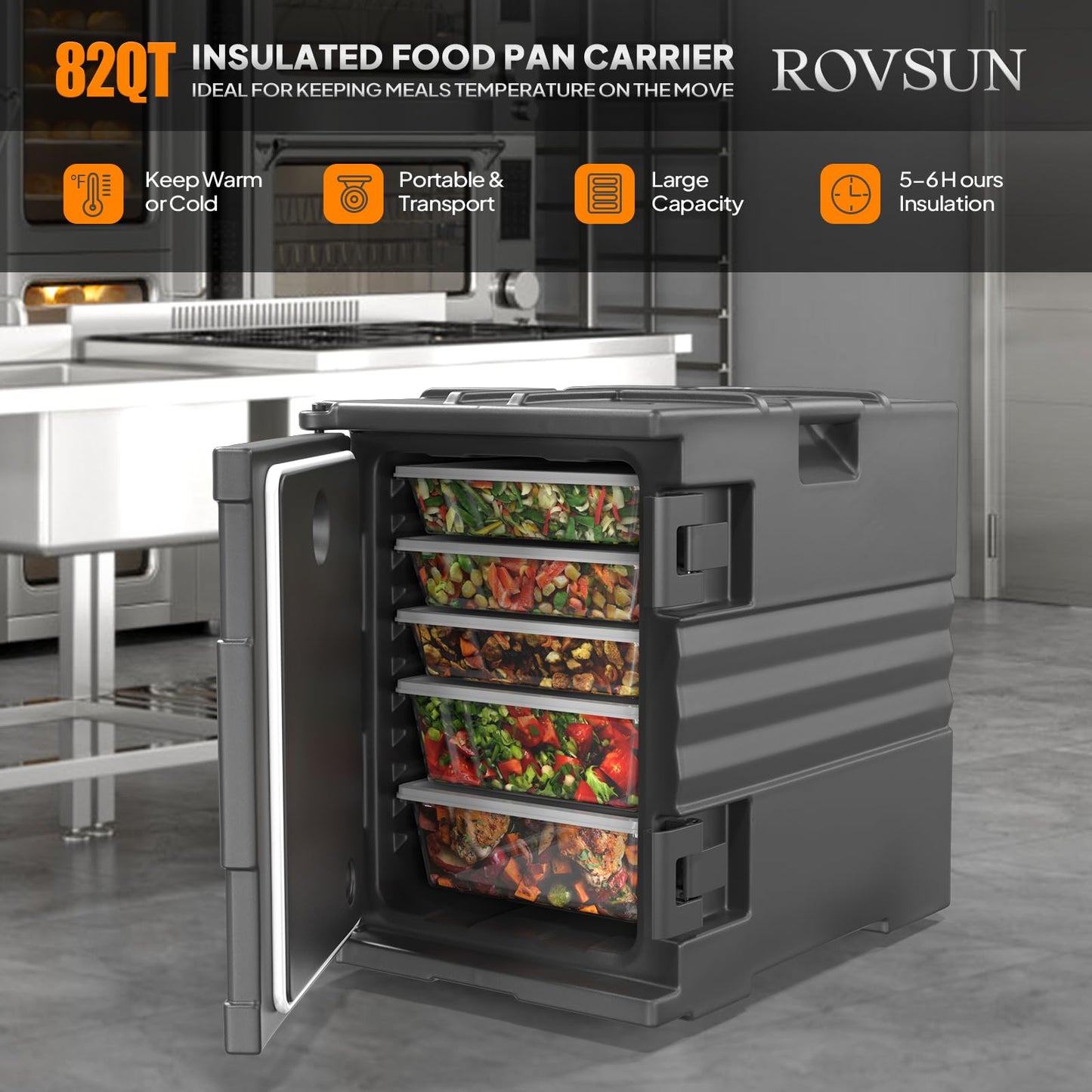 ROVSUN Hot Box Food Warmer 82 QT, Insulated Food Pan Carrier for 5 Full-Size Pan w/Wheels Double Buckles and Handles, Stackable Hot Boxes for Catering Restaurant Canteen Family Party