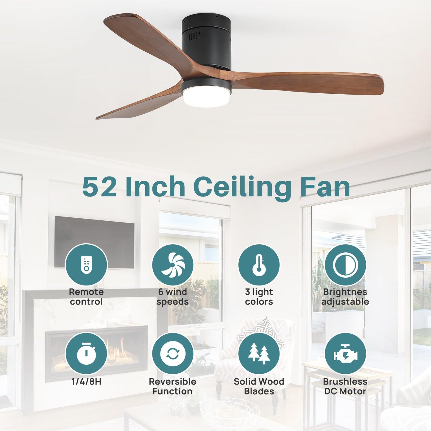 Sofucor Ceiling Fans with Lights 52 Inch Flush Mount Ceiling Fan with Remote Control, Wood Blades Modern Outdoor Ceiling Fans for Bedroom/Farmhouse/Patio/Indoor, Quiet DC Motor