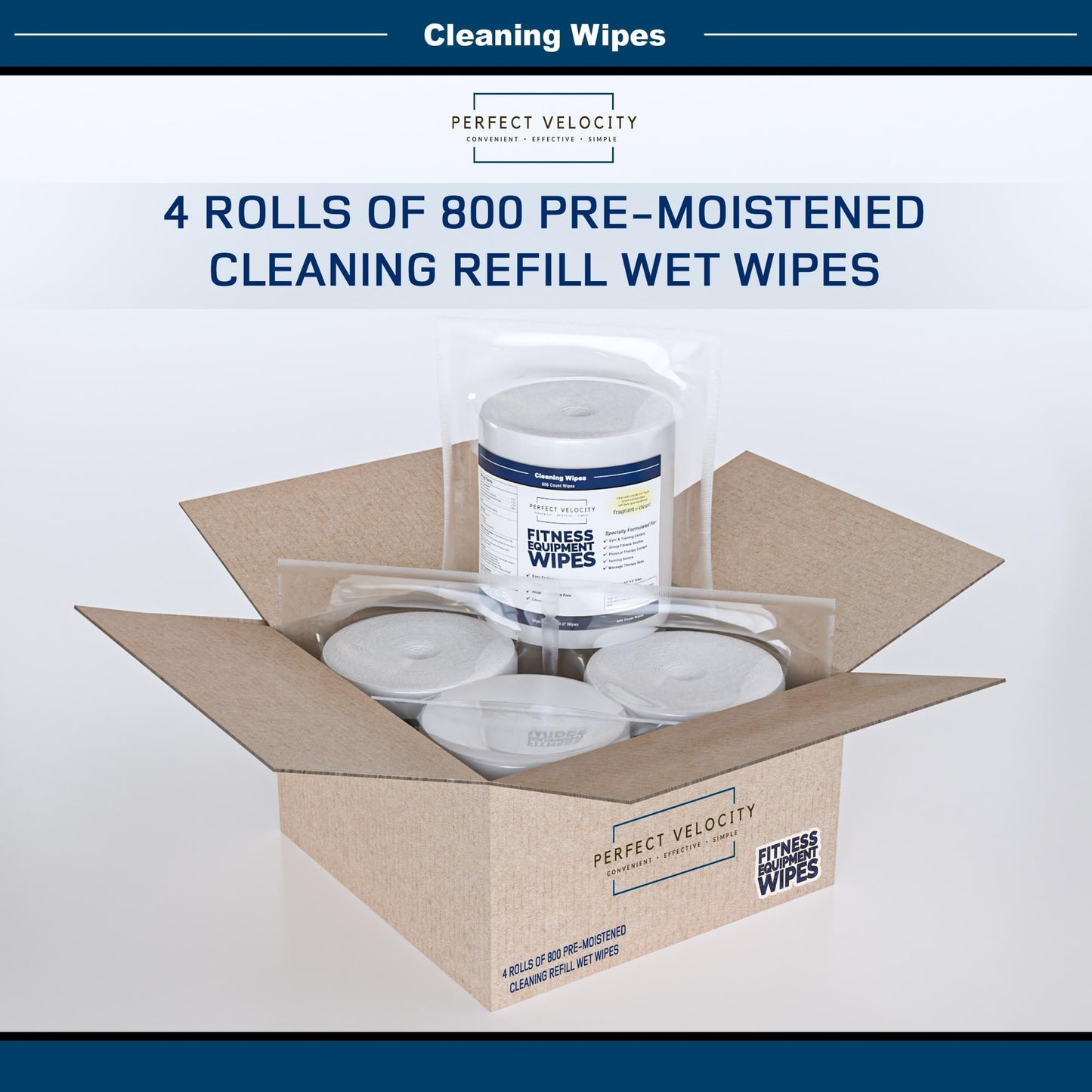 Perfect Velocity Fitness Gym Equipment Wipes - 4 Rolls of 800 Pre-Moistened Cleaning Refill Wet Wipes - For Upwards and Downwards Dispensers