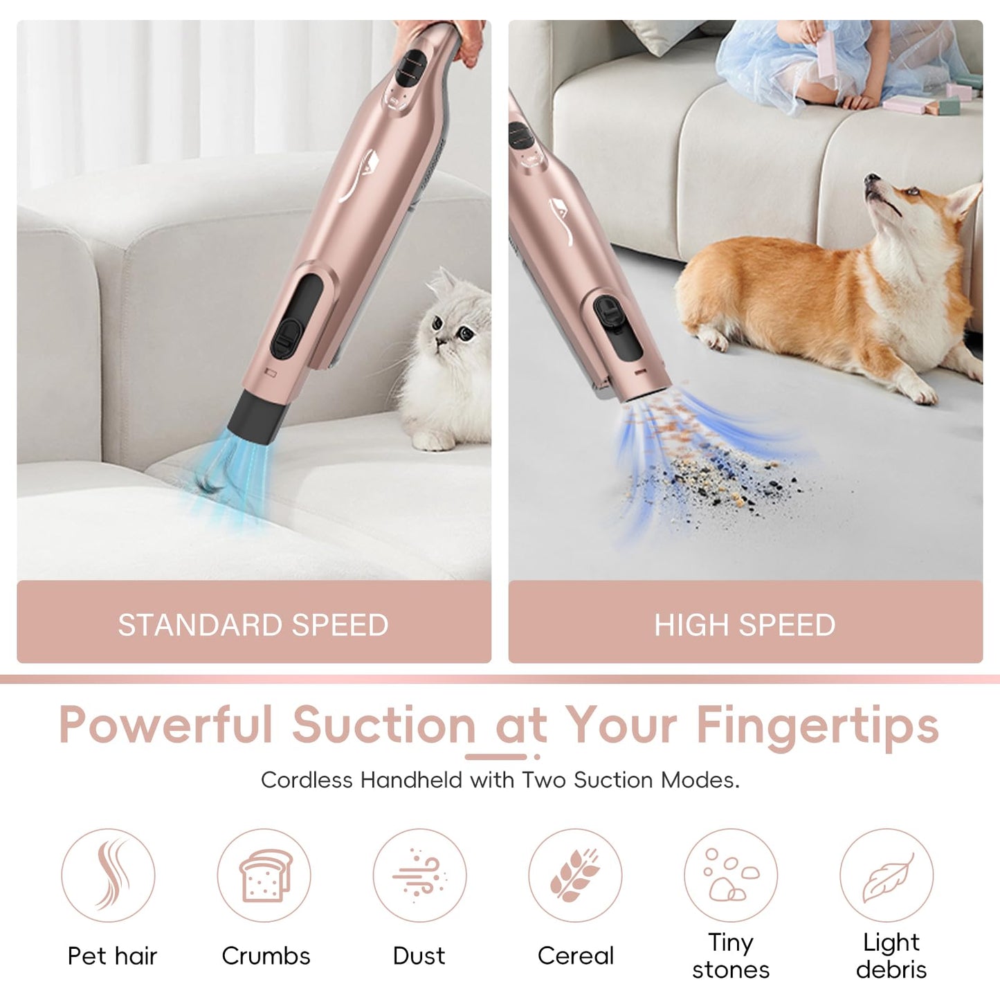 AYONTIN Rechargeable Handheld Vacuum, Lightweight Hand Vacuum Cordless, Powerful Suction, One-Touch Empty, LED Lights, Large Dust Cup for Home, Office, Car, Pet, Rose Gold