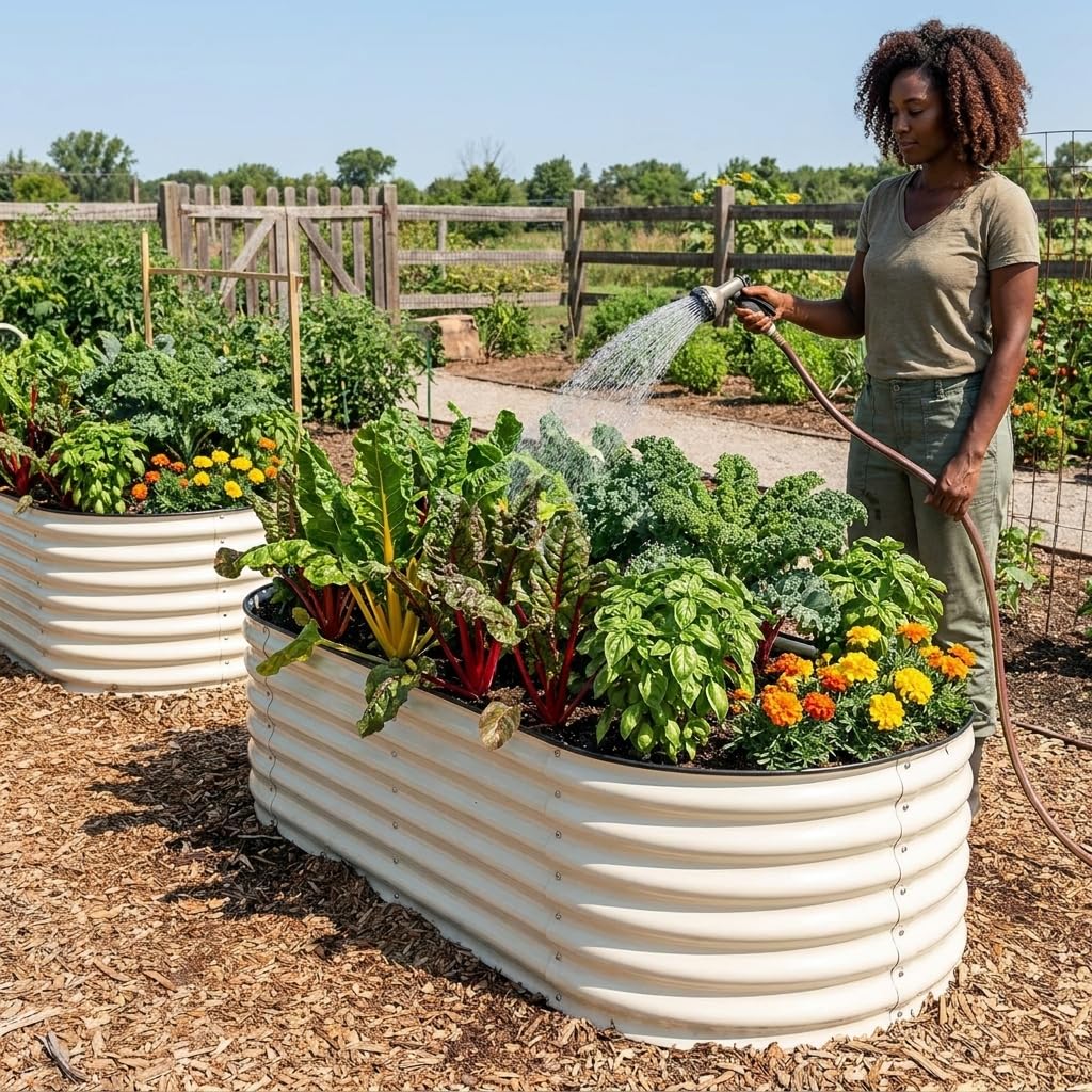 SnugNiture 3 Pcs 4x2x1.5ft Raised Garden Bed Outdoor, 17" Tall Galvanized Metal Planter Box, Oval Raised Garden Bed Kit for Planting Vegetables Plants Fruits, Beige White