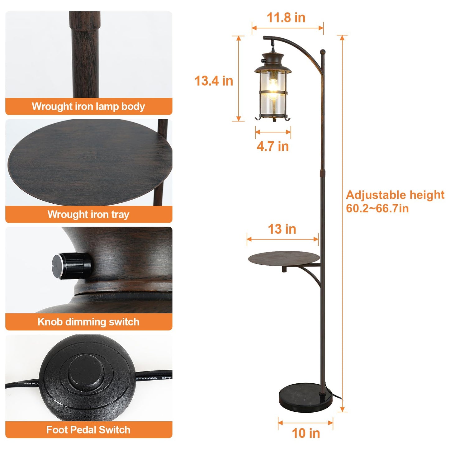 beaysyty Farmhouse Retro Adjustable Floor Lamps with Tray Lantern Tall Standing lamp for Bedroom Home Decor for Office Living Room Bedroom, Knob Switch (Rust)