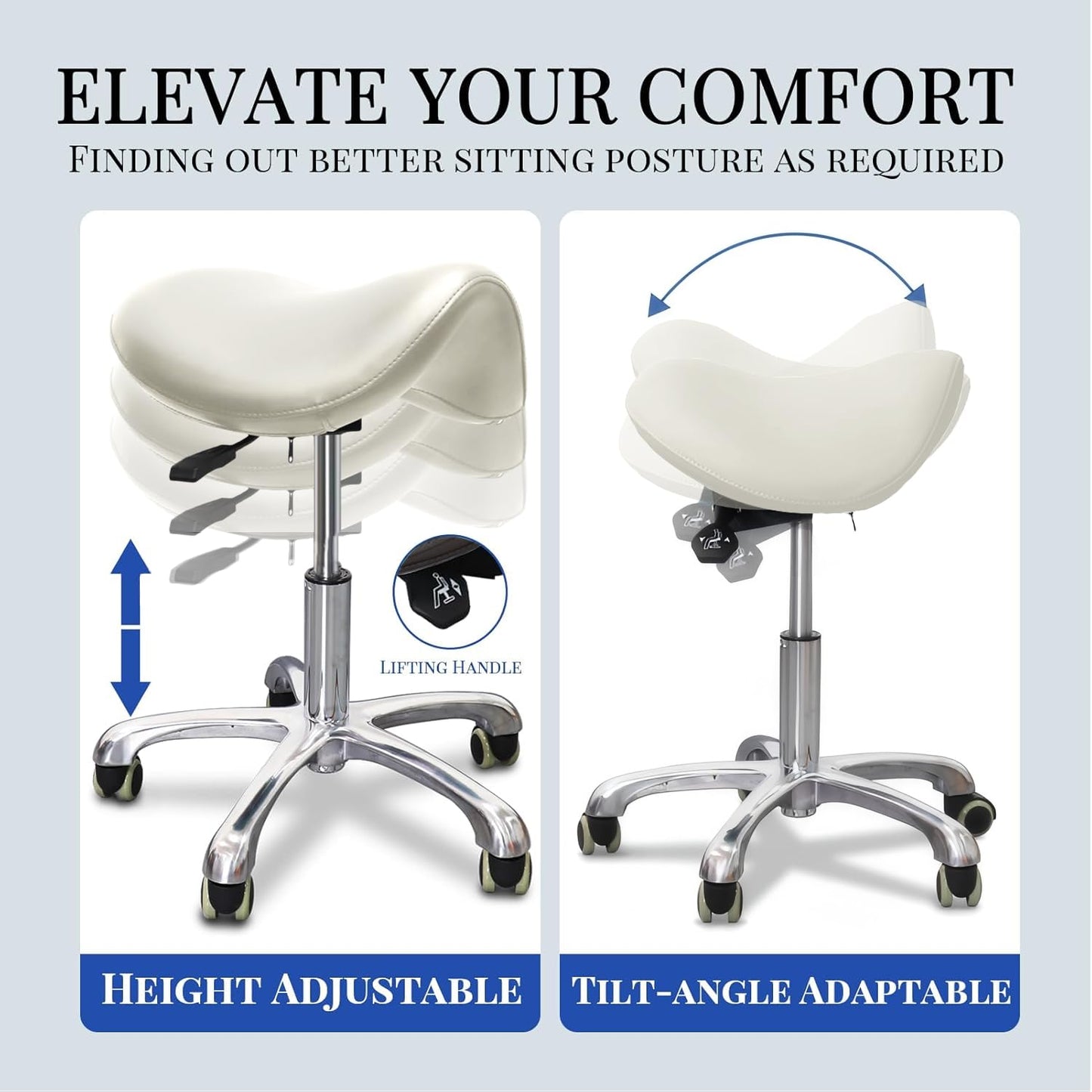 Ergonomic Saddle Stool, Thick Memory Foam Height Adjustable Rolling Chair with Silent Casters & Heavy Duty Aluminum Base, Swivel Tilt Seat No Backrest for Tattoo Salon Office Bar Home Desk, White