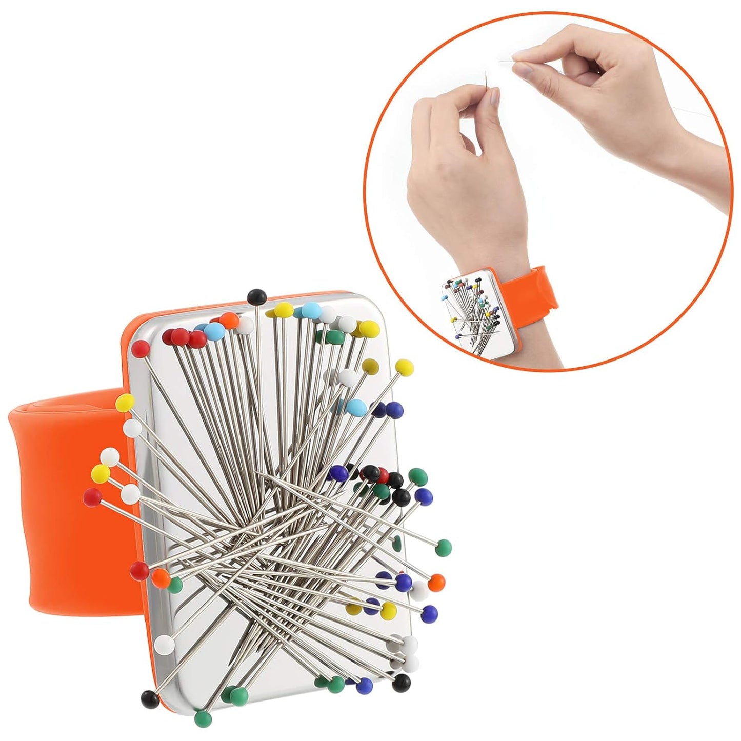 WILLBOND Magnetic Wrist Sewing Pincushion Wrist Magnetic Pin Holder Wristband Pin Cushion Holder with 3 Pcs Stainless Steel Pintail Comb Rat Tail Comb for Hair Clips Hand Sewing(Orange)