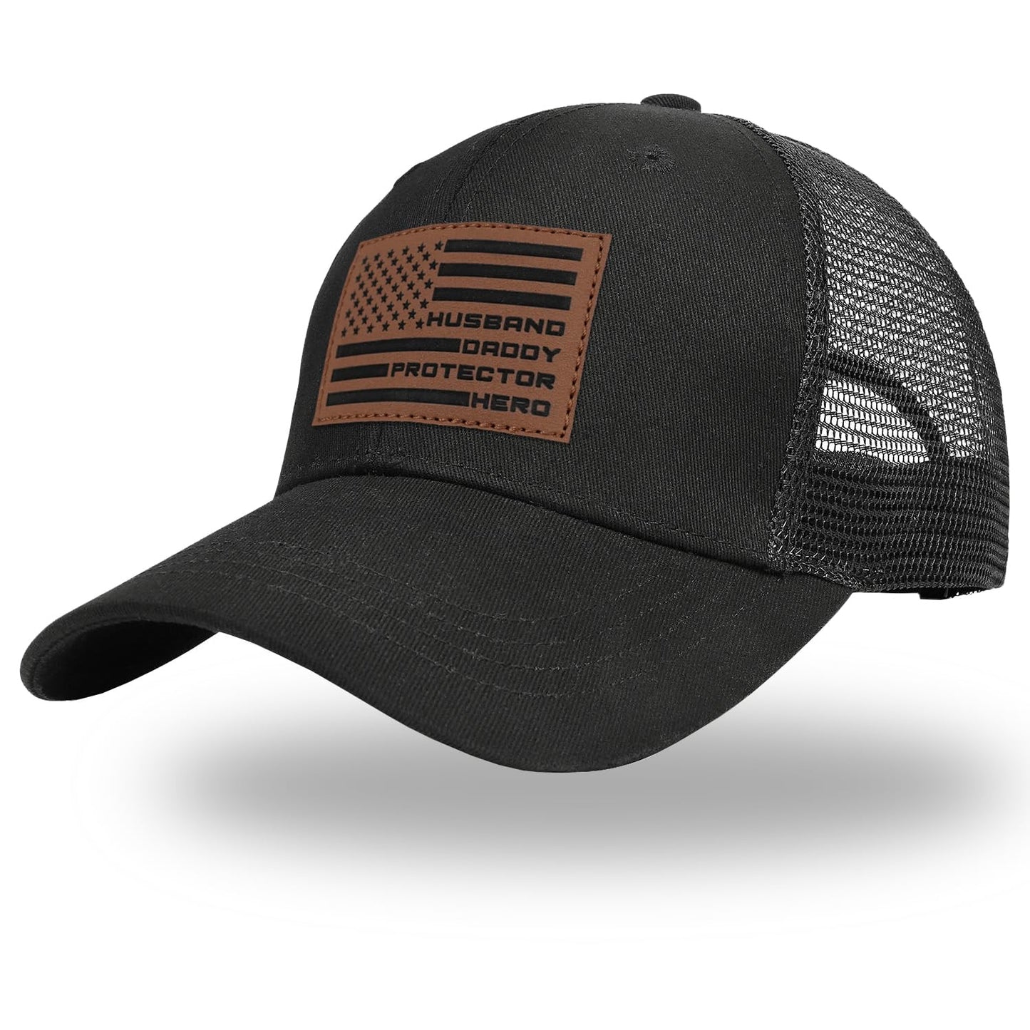 Husband Daddy Protector Hero Hat – Best Gift for Husband – USA Flag Leather Patch Cap for Dad, Veteran, Patriot, Hero – Birthday, Anniversary