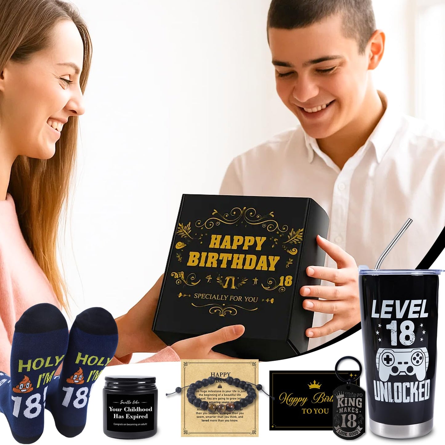 Keluna 18th Birthday Gifts for Boys - 6Pcs 18 Year Old Boy Birthday Gifts Ideas, 20oz Tumbler, Funny Socks, Keychain, Bracelets, Candles, 18th Presents for Son Grandson Nephew Brother from Mom Dad