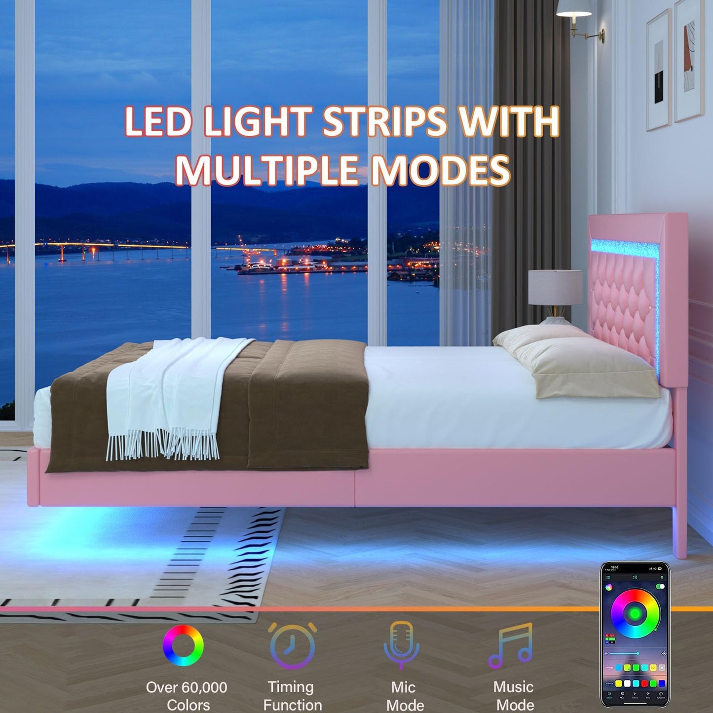 Pink Floating Bed Frame Twin with LED Lights, Upholstered Platform Bed with Diamond Tufted Headboard, No Box Spring Needed, Noise Free, Easy Assembly