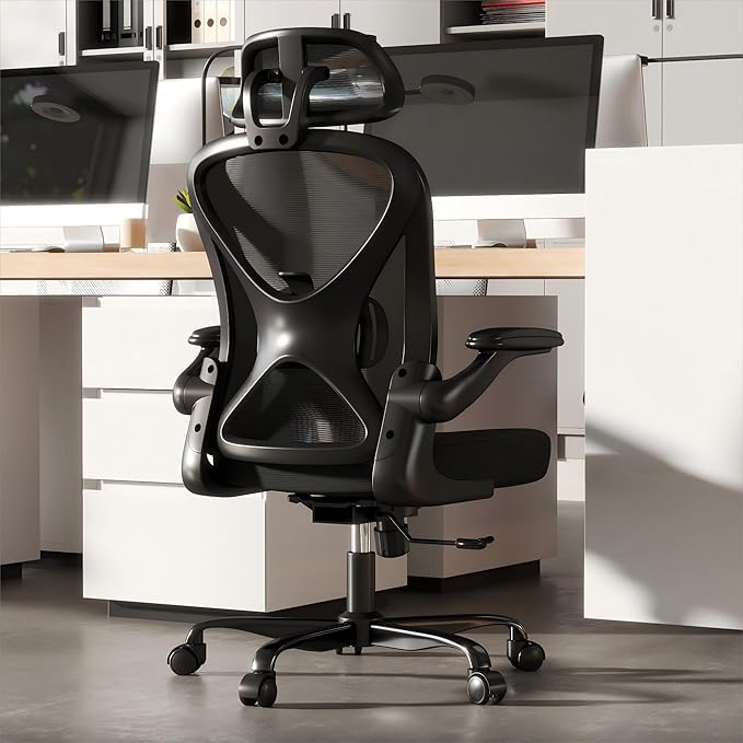 ZZH Ergonomic Office Chair with Adjustable Lumbar Support and Headrest, Mesh Home Office Desk Chair with Wheels and Flip-up Arms, Black