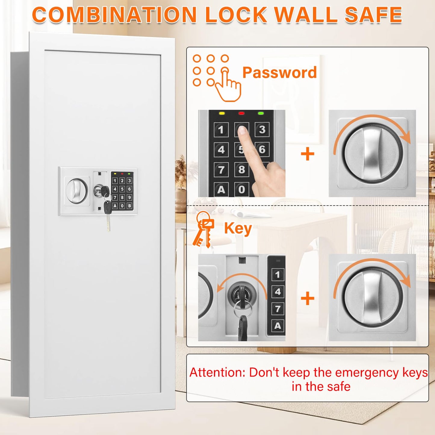 White 29.53" Tall Fireproof Wall Safes Between the Studs 16" Centers, Heavy Duty Combination Lock in Wall Safe with 3 Removable Shelf, Hidden Safe for Money, Jewelry, Document, Passport