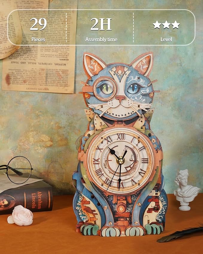 3D Wooden Puzzles for Adults, Detective Cat Clock with Pendulum Model Kit, 3D Puzzles for Adults Room Home Decor DIY Wall Clock Kit, Holiday Birthday Christmas Day Gifts for Men Women Teens