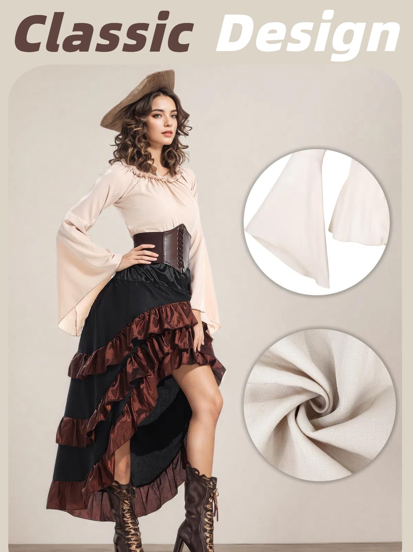 Verceco Pirate Costume Women Outfit with Renaissance Pirate Shirt Skirt Corset Waist Belt Womens Halloween Pirate Costumes (Beige+Brown, M)