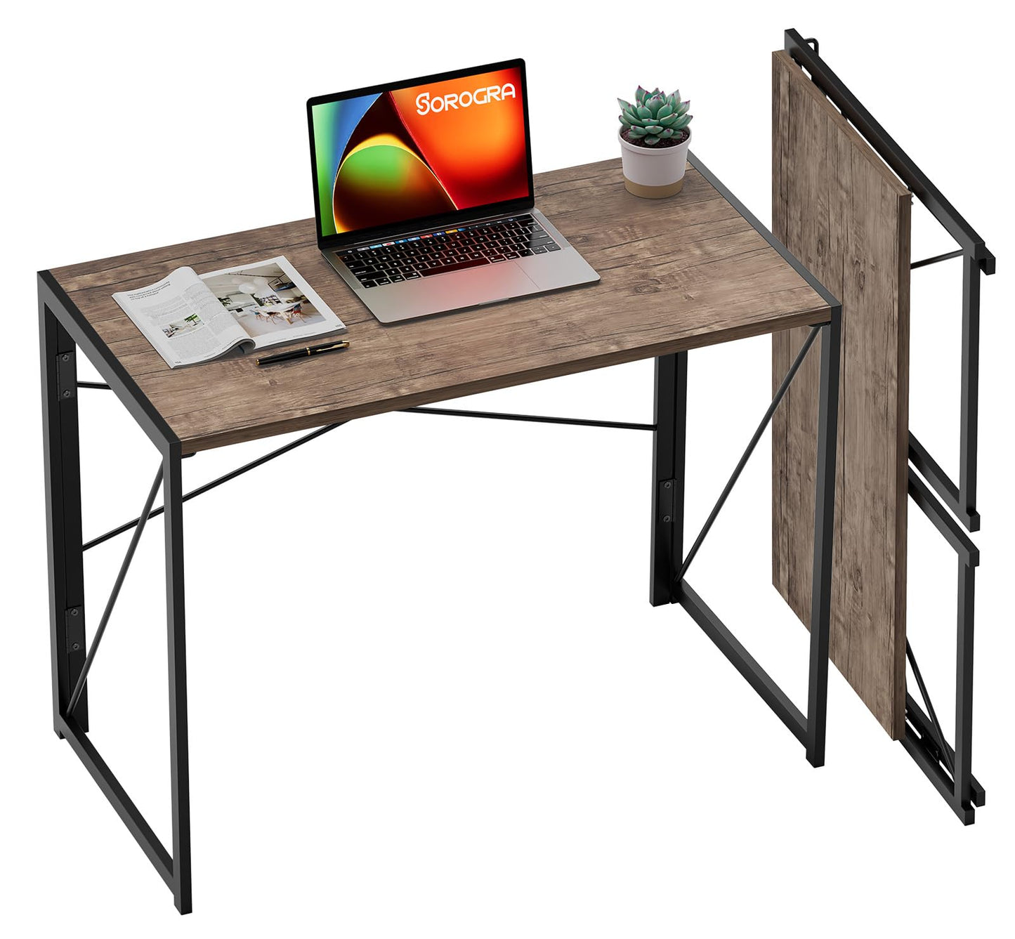 Coavas Folding Desk 31.5 inch Foldable Small Portable Computer Desks, Spaces Saving Writing Sturdy Table for Bedroom, Home Office, Dorm, Apartment, Pre Assembled, Brown