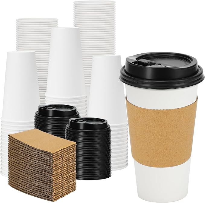 Lamosi 50 Pack 20 oz Disposable Coffee Cups with Lids and Sleeves, White To Go Leak-Proof Paper Cups for Picnics, Parties,...