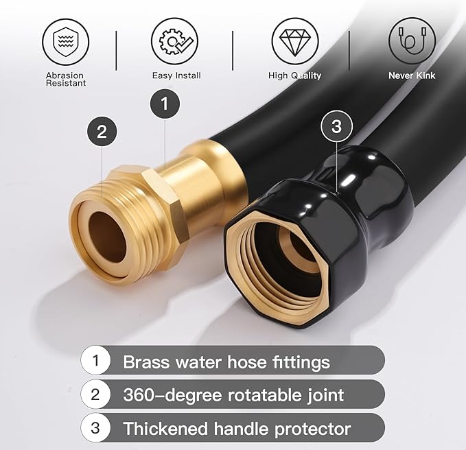 Garden Hose 5/8" x 15ft Brass Rubber Heavy Duty Water Hose 600 PSI Burst Pressure, Durable Flexible Hose for Yard, Car Wash, Pets Black
