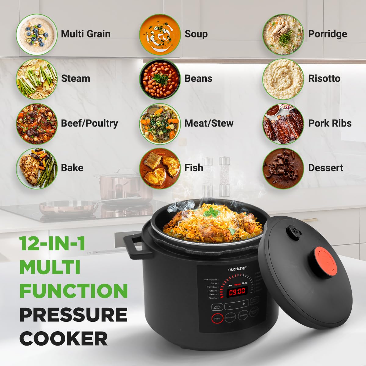 Nutrichef Electric Pressure Cooker 6 Quart Capacity | 9 Function Digital Countertop Pressure Cooker | Adjustable Time & Temperat