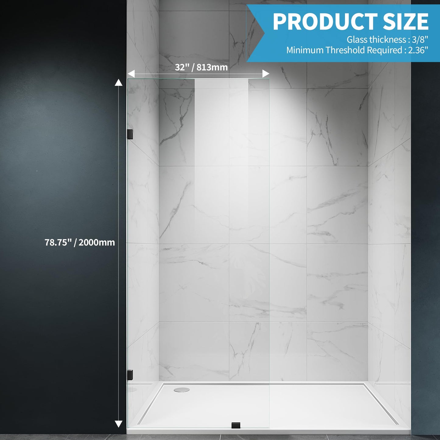 Shower Glass Panel, 32" W x 78.75" Fixed Shower Screen Panel with 3/8"(10mm) SGCC Clear Tempered Glass, Frameless Walk in Shower Door for Bathroom (Matte Black, 32" W x 78.75" H)