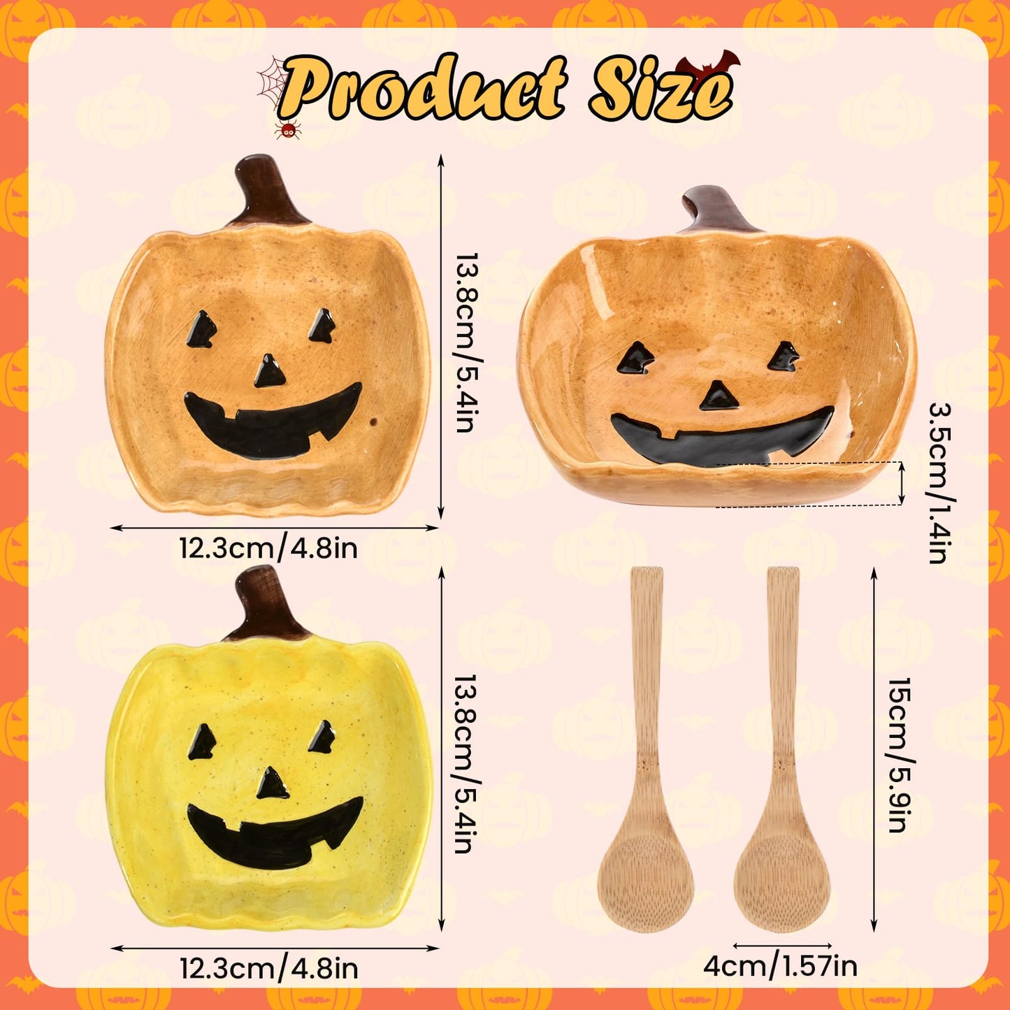 Pumpkin Ceramic Candy Bowl Set with Wood Spoon - Trick or Treat Candy Dish Holders for Halloween Parties