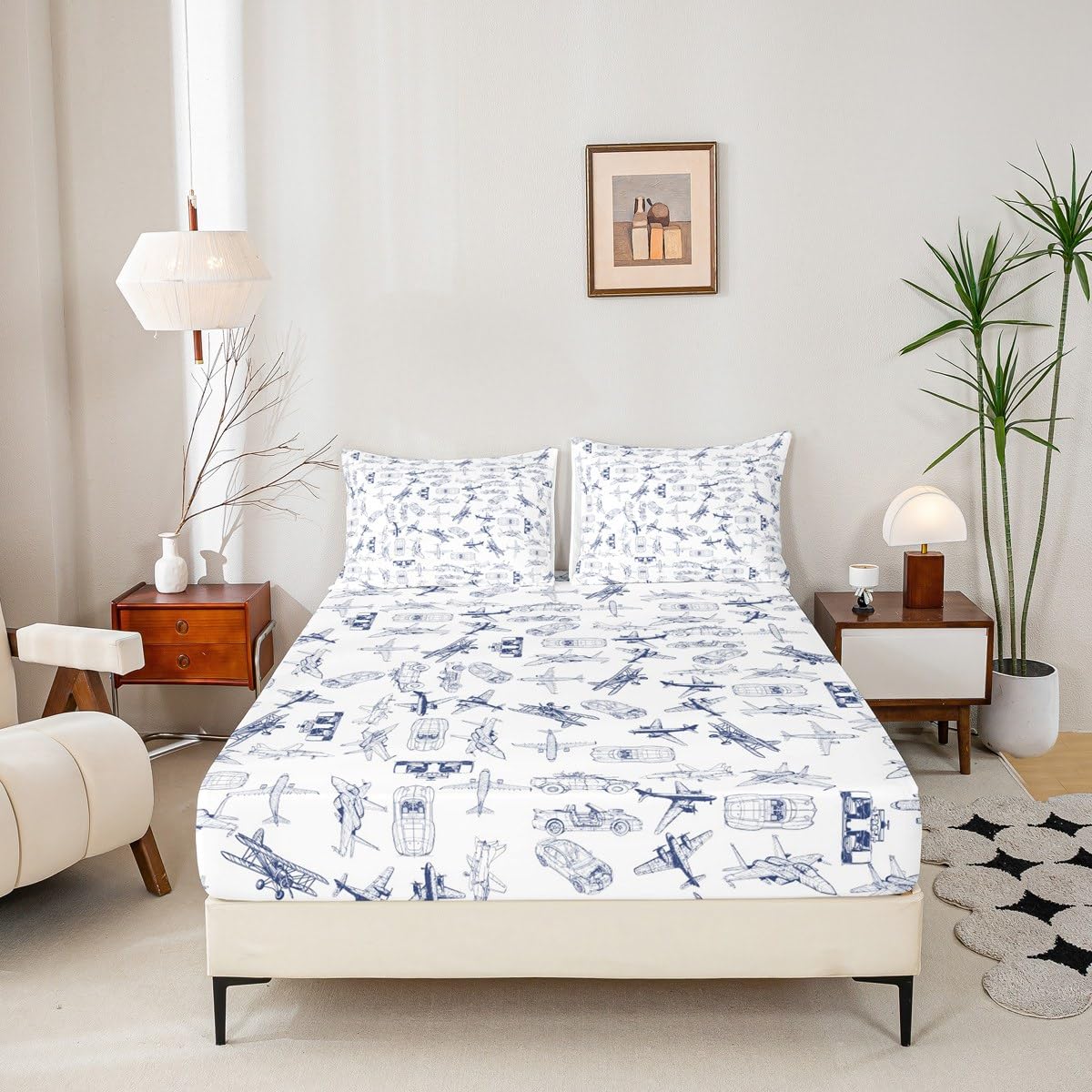 Aircraft Bed Sheet Set Kids Airplane Print Fitted Sheet Boys Girls Decor Aircraft Flying Bedding Set Microfiber Sketch Style Blue White Bedspread Cover Bedroom Full Size
