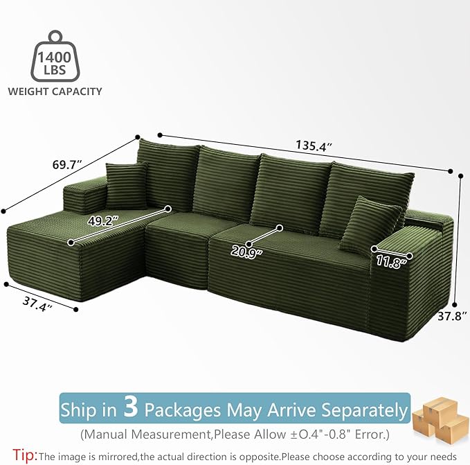 135.4" Cloud Sectional Couch with L-Shape Chaise, Modern Corduroy Boneless Couch for Living Room,Memory Foam Sofa with Deep Seat,No Assembly Required (Green,Left-Facing Chaise)