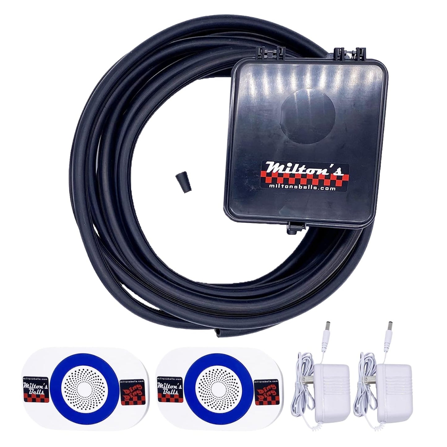 Milton’s Bells Long-Range Driveway Alarm - Dual Wireless Chimes Kit, with 25’ Hose, Transmitter and Two Volume Control Chimes
