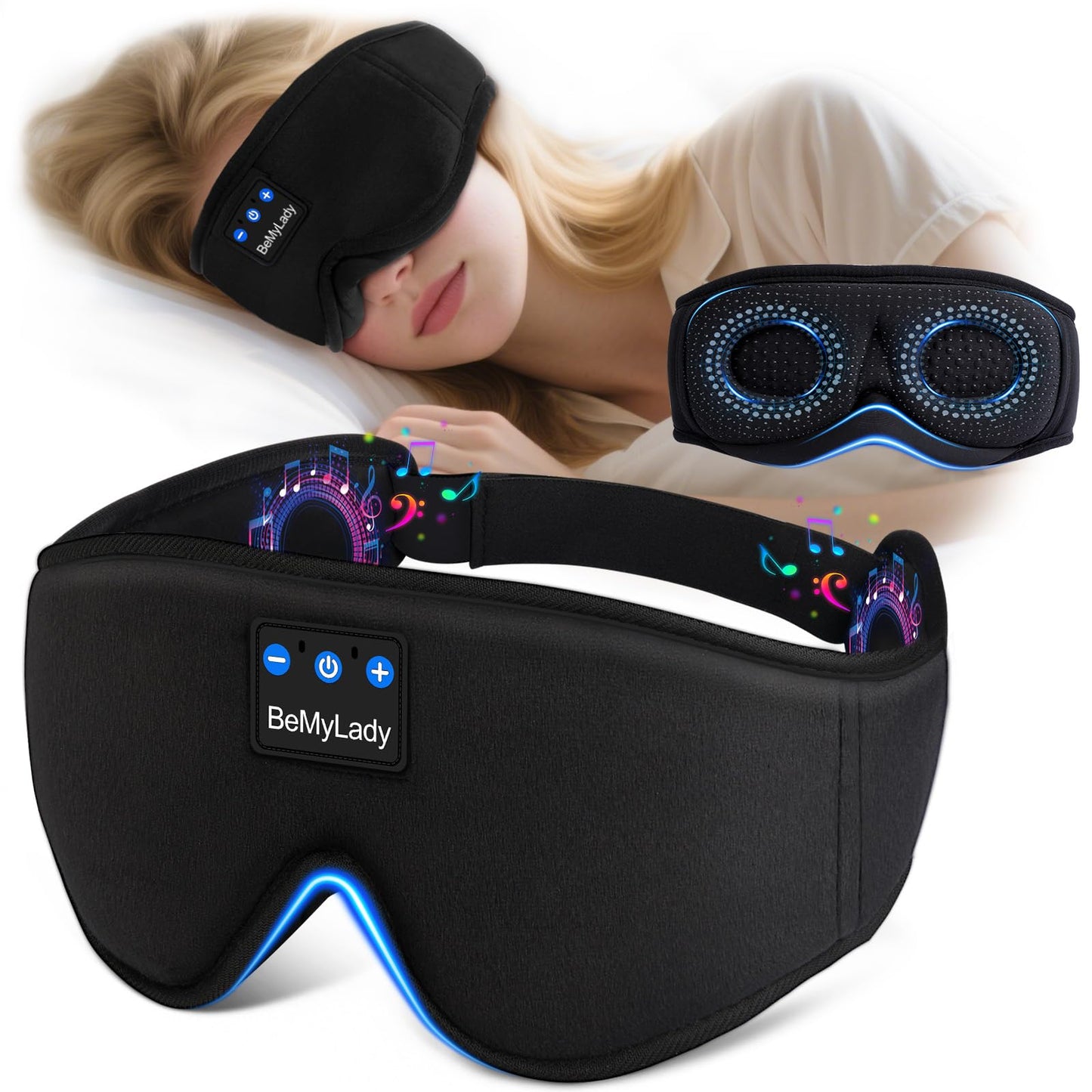 BeMyLady Sleep mask Headphones,100% Blackout 3D Zero Eye Pressure Bluetooth Sleep mask Breathable Eye mask with Bluetooth Headphones Sleep Headphones for Side Sleepers 14H Playtime&Bluetooth 5.4 Black