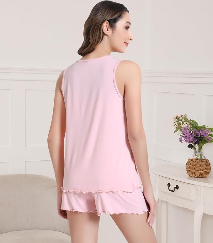 NACHILA Pajamas for Women-Viscose from Bamboo, Ribbed Racerback Tank Top Sexy Split Shorts Pajama Sets Cooling Sleep Cami Pjs