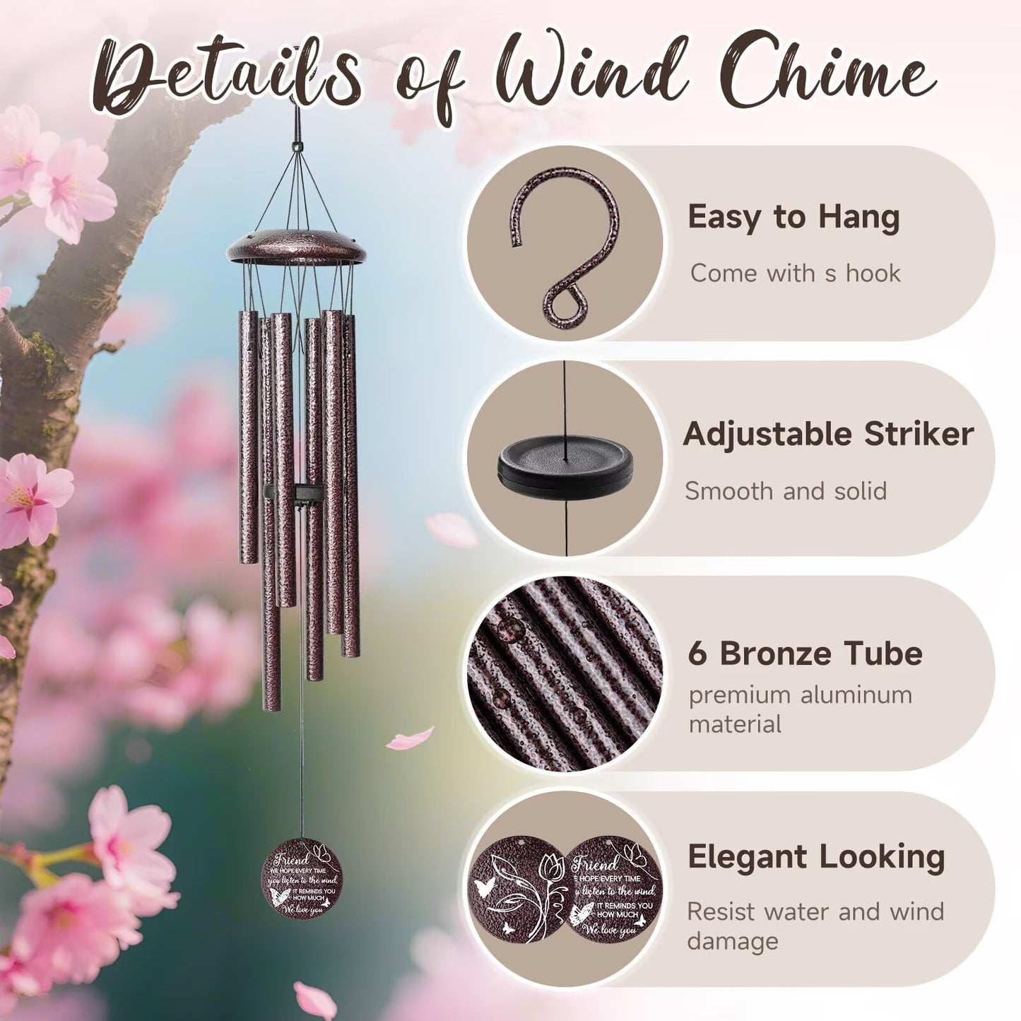 25''Wind Chimes,Best Friend Birthday Gifts for Women, Woman, Thanksgiving,Christmas Day Gifts Ideas for Friendship Rreminder.