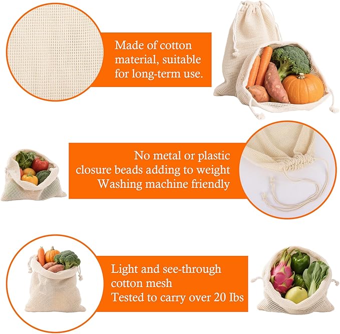 Klmnop 14 Pack Reusable Cotton Mesh Produce Bags, Vegetable Produce Drawstring Bags Washable, Mesh Bags for Grocery Vegetables & Fruits Shopping, Refrigerator Storage 4xS, 4xM, 4xL, 2xXL