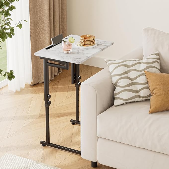 Fleecy day TV Tray, Folding TV Dinner Table, Adjustable Small C-Shaped End Tray for Eating, Foldable Slide Under Couch Side Table for Recliner, Living Room,No Assembly Required(White Marble,2Pcs)