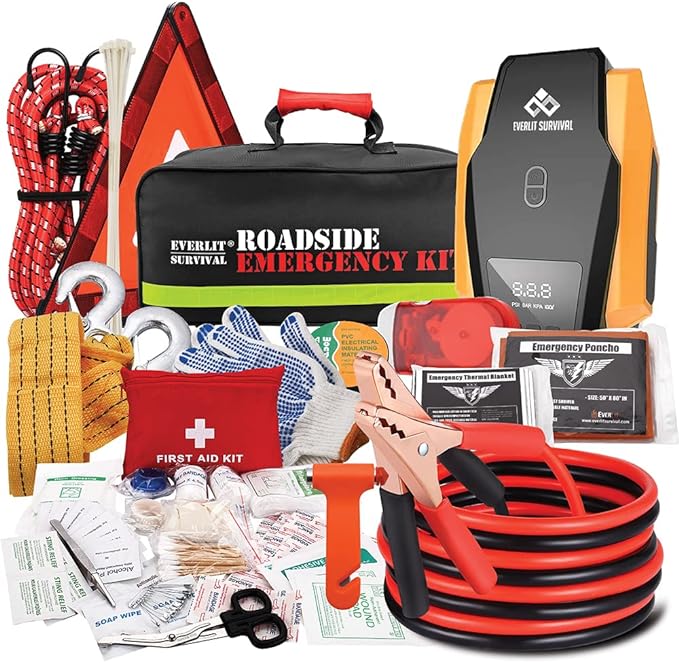 Everlit Survival Car Emergency Kit, Roadside Safety Tool Kit with Gloves,Digital Auto Air Compressor Tire Inflator, First ...