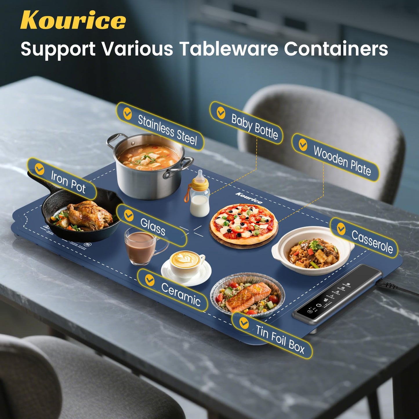 Kourice Warming Mat for Food, Food Warmer with 4 Level Adjustable Temperature, Full Surface Heating, Rollable & Portable Food Warming Mat，Electric Warming Tray for Buffets Party and Home Daily Use